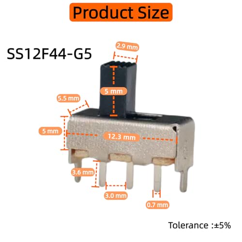 150PCS Micro Mini Slide Switch SPDT Toggle Switches 1p2t 2 Position 3 Pin Small Miniature Vertical Panel Mount Dip Knob for Arduino PCB Breadboard Electronic Project - SS12F44 5mm DC 50V 0.5A - style: SS12F44-5mm-150pcs