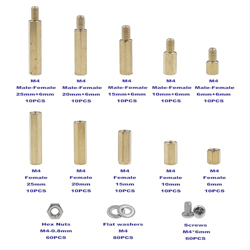 300PCS M4 Brass Male-Female Hex Standoffs Spacers Screws Nuts Flat Washers Assortment Kit;Female Lengths:6mm to 25mm - size: M4