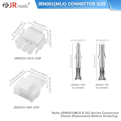 JRready ST6425 MLX 3 Pin Power Connector,2.13mm Diameter Pin and Sockets 14-20 AWG,Compatible with Molex MLX 3 Pin Male& Female Connector (6 Matched Sets),6.35mm Pitch (Pack of 3) - size: MLX 3Pin Connector (Pack of 3)