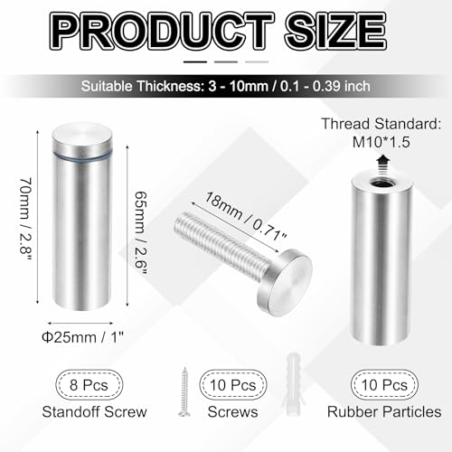 PATIKIL 1x2.8" Standoff Screws, 8 Pack Stainless Steel Stand Off Wall Mounts Wall Sign Mounting Hardware Advertising Standoff Nail for Hanging Acrylic Signs Picture Frame, Silver - size: 1x2.8"