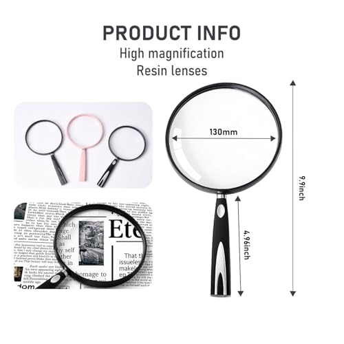 Feosky Handheld Reading Magnifier, 10X Magnifier, 130mm Shatterproof Lens, Non-Slip Handle for Adults Close Work, Seniors Reading and Nature Exploration, Hobby Observation(Black) - color: Black