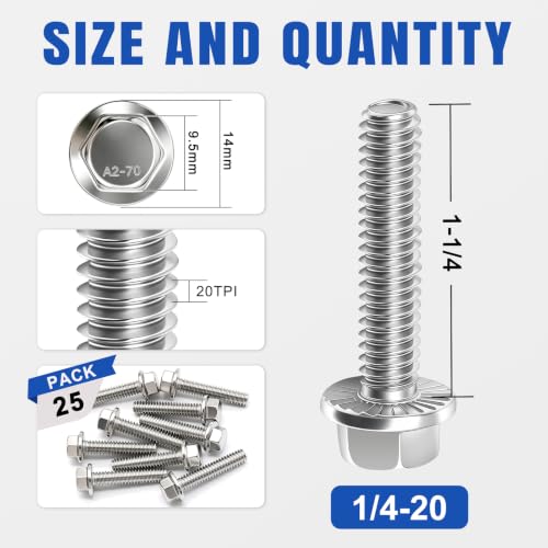 Taiss 25PCS 1/4-20 x 1-1/4 Flanged Hex Head Bolts 304 Stainless Steel,Flange Hexagon Screws Fully Threaded 1/4 Stainless Steel Bolts,1/4 Bolt - color: SS 1/4-20 x 1-1/4"