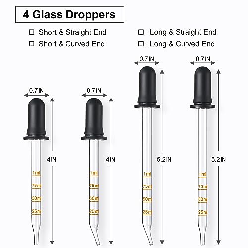 4 Pack, 1 mL Glass Eye Dropper with Measurement - Long & Short, Bent & Straight Tip Calibrated Glass Medicine Droppers, Accurate Dose Pipette Dropper for Essential Oils, Feeding, Ear, Lab, Health Care - style: 4PCS-Long & Short