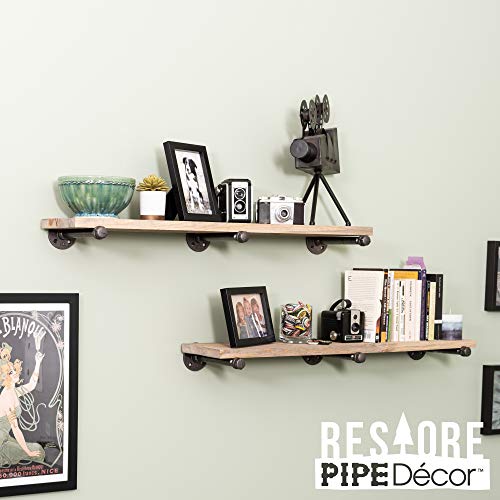 Industrial Pipe Wooden Shelves Restore by Pipe DÉCOR Premium Ponderosa Pine Wood Shelving 36 Inch Length Set of 2 Boards and 6 Straight Brackets Driftwood Tan Finish - color: Driftwood Tan, size: 36 Inch