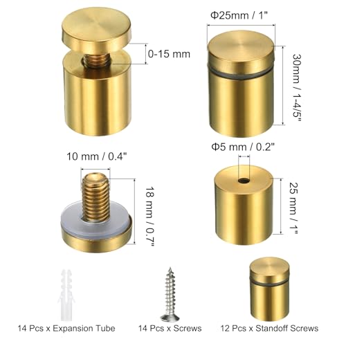 uxcell 12 Pcs 1" x 1-1/5" Standoff Screws Stainless Steel Wall Mount Sign Mounting Hardware Kit with 14pcs Screws for Hanging Acrylic Glass Signs Advertising Boards, Brushed Gold - color: Brushed Gold, size: 1" x 1-1/5"