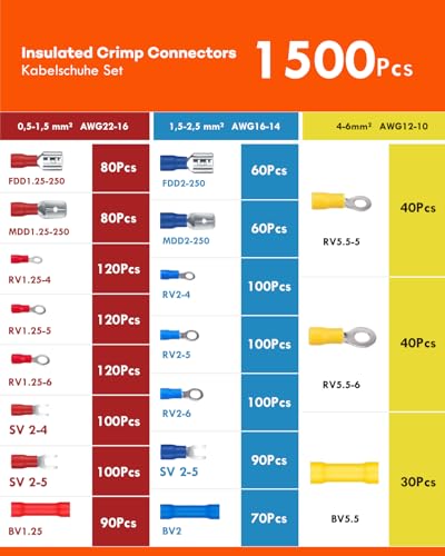 Wire Connectors Kit, Male and Female Spade Connectors, 27 Types Electrical Connector Kit 0.5-6.0mm², Insulated Terminal Connector, Includes Spade Ring Fork Wire Terminal (1500PCS) - size: 1500PCS