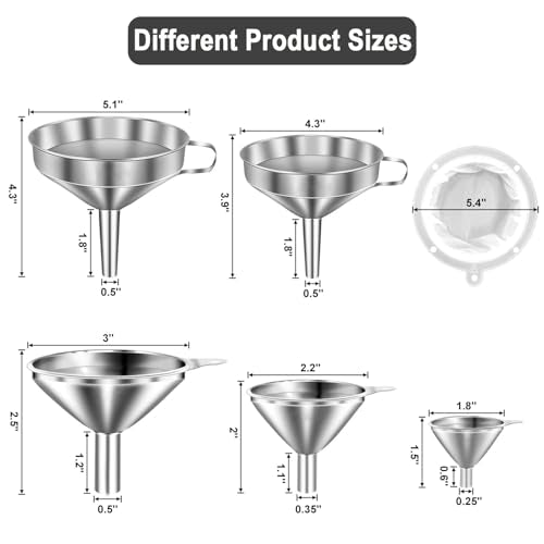 Stainless Steel Funnels for Kitchen use,5 Different Sizes of Kitchen funnels,Metal Funnel with 2 Removable Strainer,Cleaning Brush,200 Mesh Food Filter,for Transferring of Liquid,Oils,Jam - size: 5pcs Funnel set