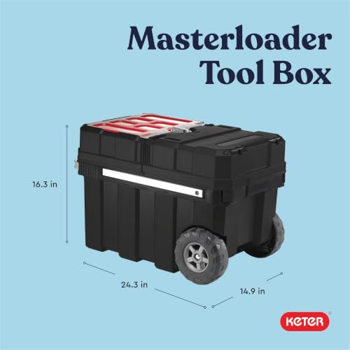 Keter Masterloader Resin Rolling Tool Box with Locking System and Removable Bins – Perfect Organization and Storage Chest for Power Drill, Tape Measure, and Screwdriver Set, Black - color: Black/Red, size: Masterloader