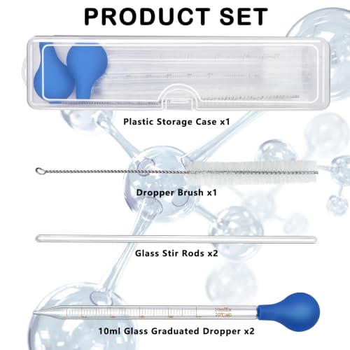Artcome 5PC Glass Dropper Set - Pipettes Graduated Lab Dropper - 2x10ml Graduated Droppers, 2x Glass Stir Rods with Washing Brush -Ideal for Essential Oils, Lab Use, Liquid Transfer - size: 5 pcs