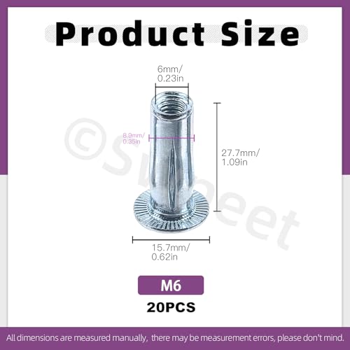 Swpeet 20Pcs M6 Metric Carbon Steel White Zinc-Plated Multi-Grip Rivet Nuts Plus Nuts Rivnuts Kit, Bulbed Shank Flat Head Threaded Insert Nut Construction Fasteners for Industrial - size: M6