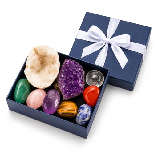 Crystal Stone Set Mineral Specimen Kit with Tumbled Stones Amethyst Cluster and Geode Rock