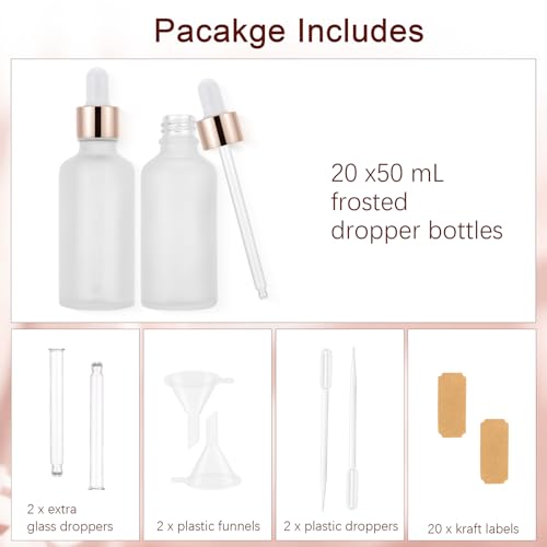 20 Pack 50ml Frosted Glass Sample Dropper Bottles, Rose Golden Caps - color: Frosted, size: 50mL-20pcs