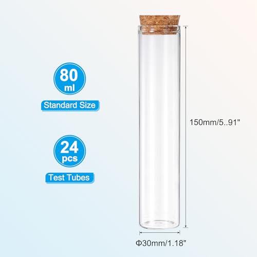 PATIKIL 80ml Test Tubes, 24pcs 5.91x1.18 Glass Clear Flat Bottom Test Tube Containers with Cork Stopper for Bead Party Candy Bath Salt Storage Scientific Experiment Plant Propagation - size: 80ml