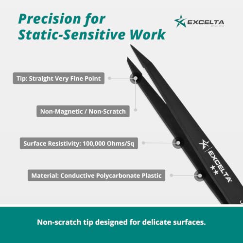 Excelta Plastic ESD Tweezers, Straight Very Fine Point, Anti-Static