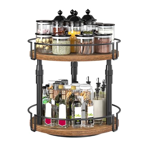 HOOBRO Lazy Susan Organizer Spice Rack, 2-Tier Height Adjustable Rotating Spice Organizer, for Kitchen Countertop and Cabinet, Rustic Brown BF05TL01 - color: Rustic Brown + Black