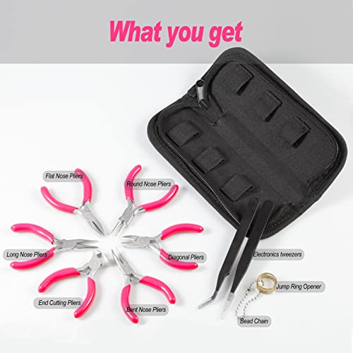 6PCS Mini Jewelry Pliers Set, 3 Inches Pliers Set with Long Nose Pliers Bent Nose Pliers Wire Cutters End Cutting Pliers Flat Nose Pliers Bead Chain Electronics Tweezers Jump Ring Opener
