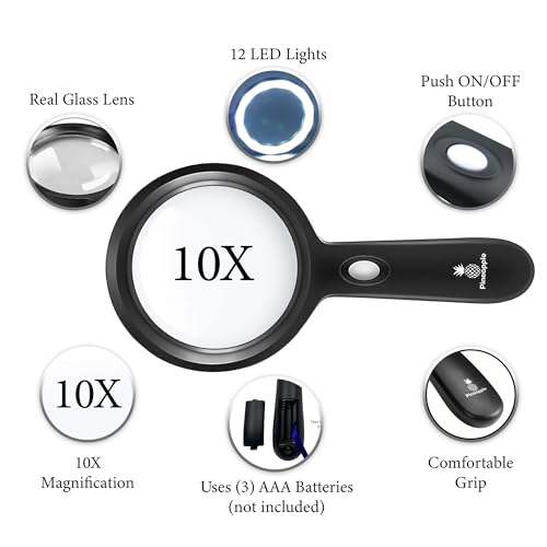 Magnifying Glass with Light, 10X Lighted Magnifier Handheld, Large Magnifying Glass for Reading, Seniors, Macular Degeneration, Elderly