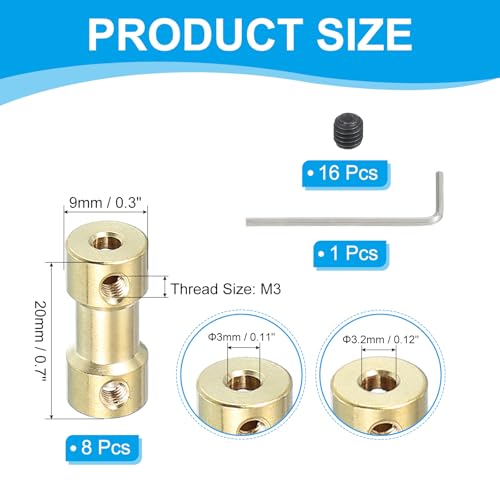 PATIKIL Brass Shaft Coupling Joint 3mm to 3.2mm, 8 Pcs Motor Shaft Coupler Extension Connector Rigid Sleeve Adapter Transmission Joint with Screws for RC Car Tires Shaft Motor - size: 3mm to 3.2mm