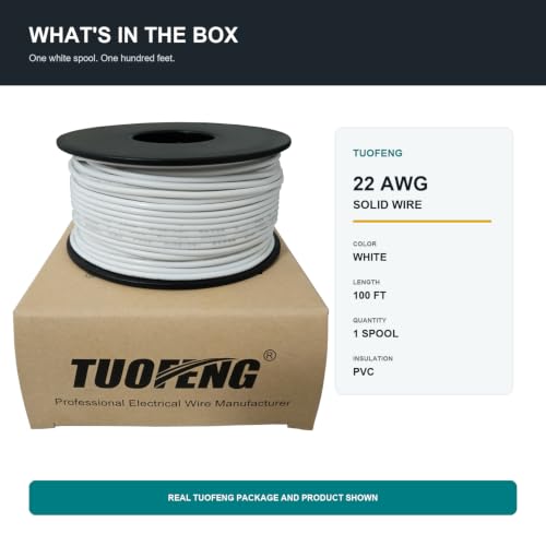 TUOFENG 22 AWG Solid Core Wire, White 100 ft, Breadboard Hookup Wire - size: 22 AWG Solid Wire - White - 100ft