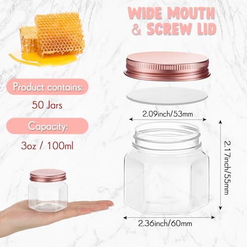 Dandat 50 Pcs 3 oz Hexagon Plastic Jars with Lids Mini Small Wide Mouth Honey Jars for Party Wedding Favors, Baby Shower, DIY Gift, Spice, Jelly, Herb, Jams, Candy(Rose Gold) - color: Rose Gold