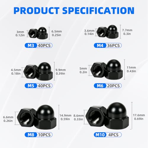 150PCS Black Acorn Cap Nuts Assortment Kit M3 M4 M5 M6 M8 M10 Nylon Dome Hex Nut Bolt Covers Caps for Screws YY042