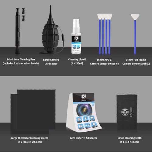 Camkix 14-in-1 Camera Lens Cleaning Kit - Includes Advanced Large Silicone Air Blower, 2in1 Lens Cleaning Pen, Dry Swabs, Cleaning Paper, 30 ML Optical Lens Spray for Mirrorless Cameras, APS-C, DSLR - color: 14 in 1