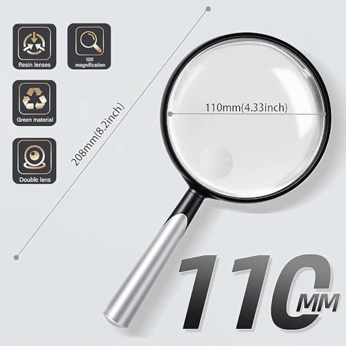 10X 30X Handheld Magnifying Glass for Reading - 110mm Diameter, PMMA Lens, Lightweight ABS Frame, Large Magnifier for Kids Seniors,Suitable for Close Work Hobbies and Science - color: Silver