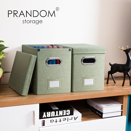 PRANDOM File Organizer Box - Set of 4 Collapsible Decorative Linen Filing Storage Hanging File Folders with Lids Office Cabinet Letter Size Green (14x9.3x10.8 inch) - color: Green, size: (4-pack) Without Folders