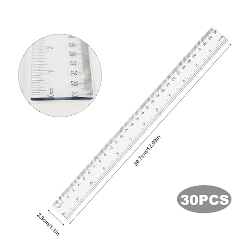 30 Pack 12 Inch Plastic Rulers Set, Inches & Metric Clear Ruler with Centimeter & Millimeter Straight Ruler for Kids Classroom Office Home School (Clear)