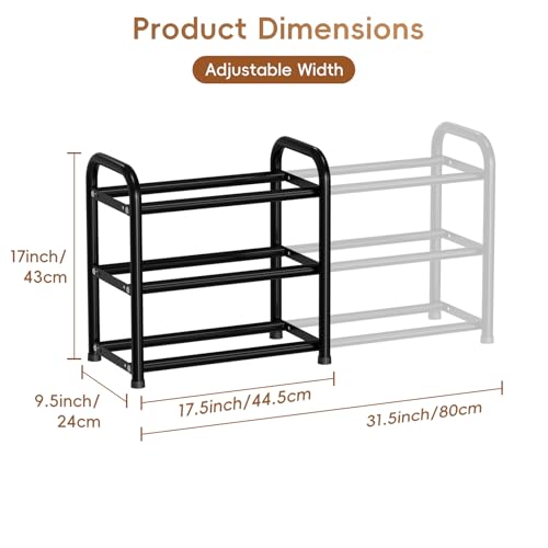 3 Tier Expandable Shoe Rack, 17"-32" Adjustable Metal Shoe Organizer Shelf for Closet, Durable Shoe Stand Holder for for 12 Pairs, Space-Saving, Easy Assembly, Black