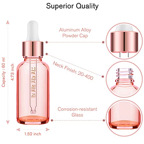 PrettyCare Glass Eye Dropper Bottles 2oz (60ml), 24 Pcs Rose Empty Thick Large Bottles Bulk with Leakproof Caps - With Labels & Funnels for for Storage, Travel,Essential Oils, Skincare, Tincture - color: 2oz Rose, style: 24 Pack