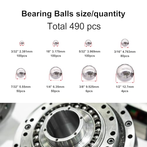 weideer 490pcs 8 Sizes Bicycle Bearing Balls Metal Mixing Balls Assortment Kit 1/2" 3/8" 1/4" 7/32" 3/16" 5/32" 1/8" 3/32" Precision Steel Balls - size: 8size 490PCS SAE