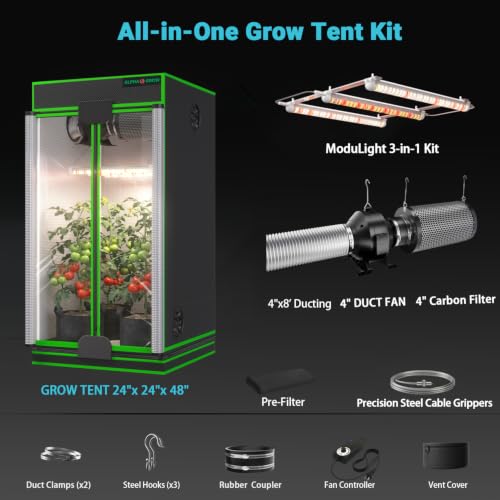 2x2 Complete Grow Tent Kit, 24x24x48 Indoor Grow Tent with 33W ABA LED Grow Light Bars, Inline Duct Fan, Carbon Filter, Fan Controller, 1680D, Silver Ducting, Hydroponic Indoor Growing Ventilation Kit