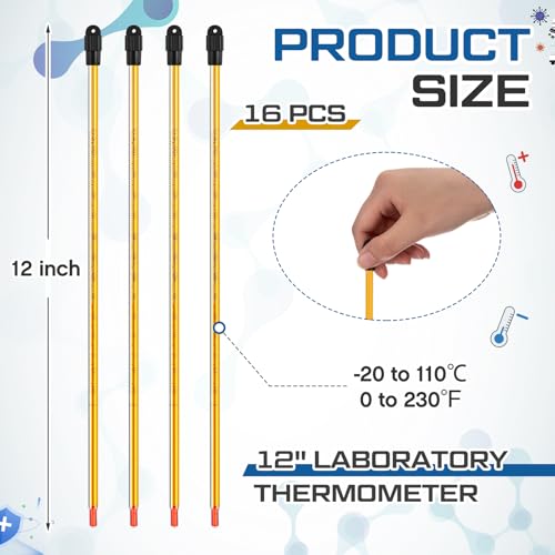 16 Pcs General Purpose Lab Thermometer, Glass, Total Immersion