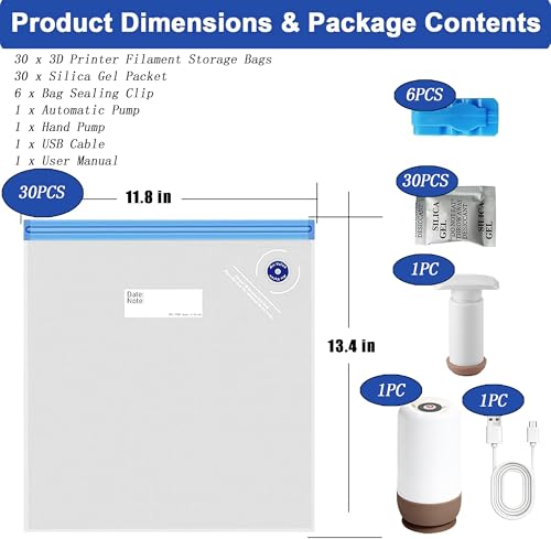 GAOJU 3D Printer Filament Storage Bags Vacuum Storage Kit with USB Pump - color: 30pcs White Bags + Electric Pump