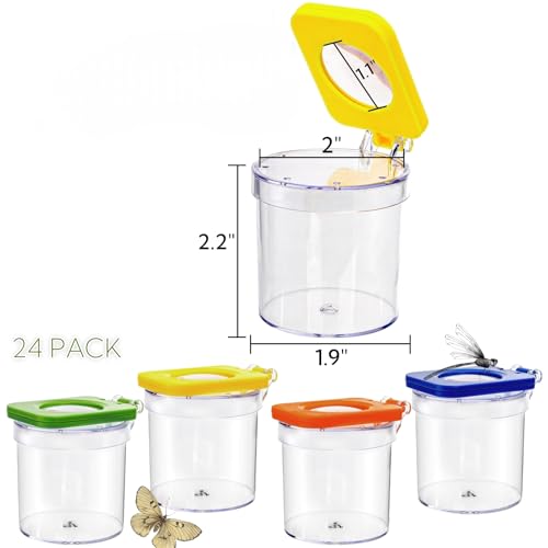 ZOOFOX 24 Pack Insect Bug Viewer, Catcher Bug Magnifying Insert Box with Colored Lids, Insect Cage Container for Science Nature Exploration Tool
