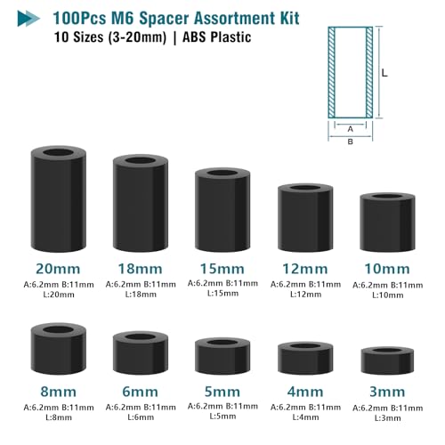 Spacer Assortment Kit - M6 Non-Threaded Round Washers for Screws, ID 6.2mm OD 11mm, 10 Sizes (3mm to 20mm), Insulated Plastic Standoffs for 3D Printer, Electronics, DIY - 100PCS
