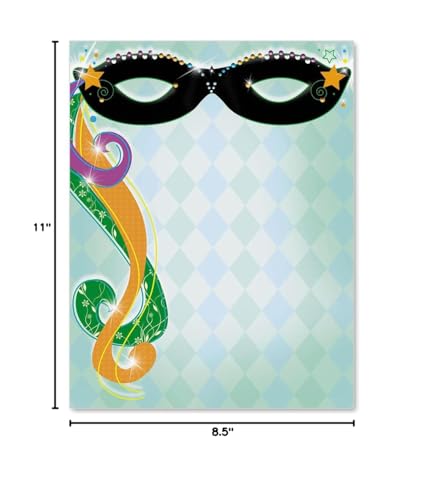 PaperDirect Masquerade Party Border Paper, Multicolor Harlequin Diamonds with Black Mask and Feather Design, 8.5 x 11, Acid-Free, Stationery for Mardi Gras Invitations, Cards, 25 Sheets - color: Masquerade