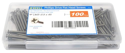 iexcell 100 Pcs M3 x 45mm Thread Pitch 0.5 mm Stainless Steel 304 Phillips Drive Flat Head Countersunk Screws Bolts, Bright Finish - size: M3 x 45mm