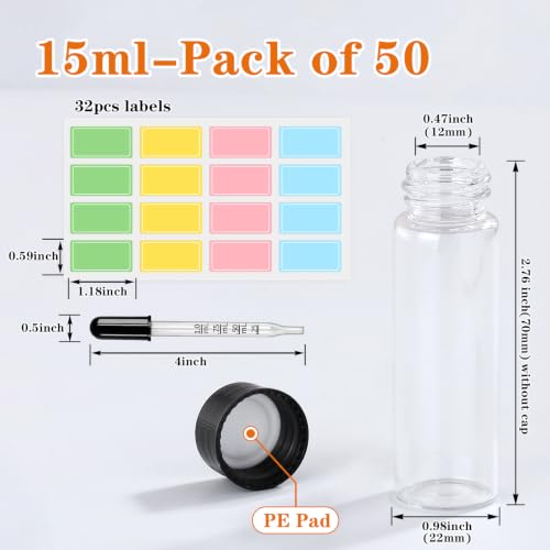 15ml 50pcs Small Clear Glass Vials with Screw Cap (with Droppers & Lables) - size: 15ml 50pcs