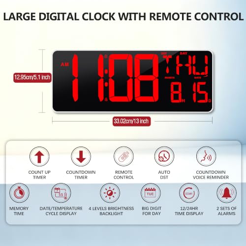 13.7" Large Digital Timer Wall Clock with Remote Control, Count Down Up Digital Timer, Auto DST LED Big Digital Clock for Bedroom Kitchen Living Room Office Gym Home Decor, Red