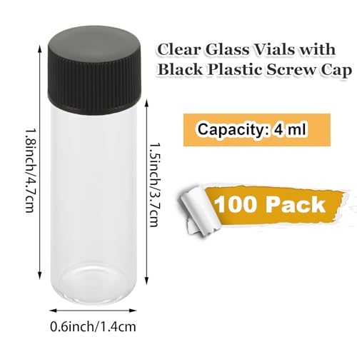 100 Pack 4ml Clear Glass Vials with Screw Caps, 1 Dram Small Liquid Sample Vial, Leak-Proof Vial Small Lab Sample Vials for Essential Oil, Reagent, Seeds