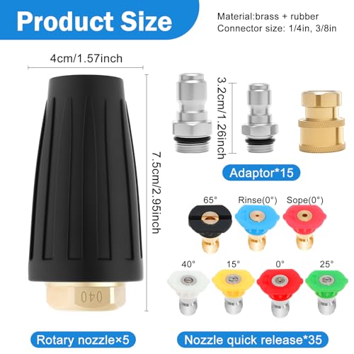5 set Pressure Washer Nozzle Tips 4000 PSI 4.0 GPM Pressure Washer 1/4" & 3/8" Quick Connect with 35 Nozzle Tips Kit Multiple Degrees (0, 15, 25, 40, 65, Rinse1, Soap2) for Car Concrete Brick