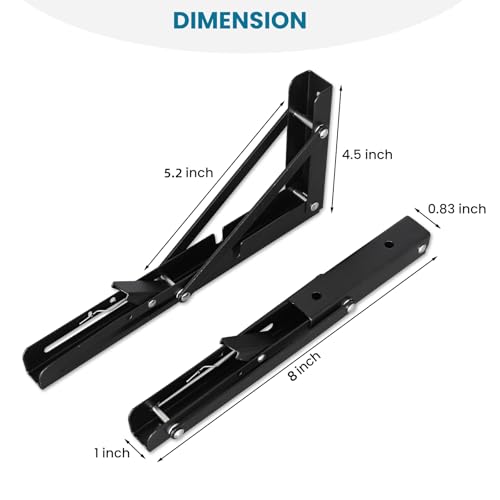 2 Pcs Folding Shelf Brackets,8 Inch Black Heavy Duty Metal Collapsible Shelf Bracket for Benchfor WorkbenchShelf Hinge Wall Mounted Space Saving DIY Bracket,with Screws. - color: Black, size: 8 Inch