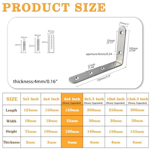Alise 4mm Thick L Bracket for Shelves,6x4 Inch Shelf Bracket Brushed,4 Pcs - color: Brushed Nickel, size: 6x4 Inch (4mm-Thick)