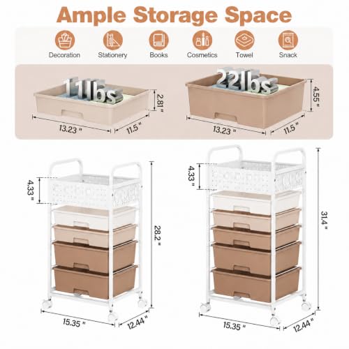 4 Drawer Rolling Storage Cart with Pegboard Top and Hooks, Brown - color: Brown, size: 4-Drawers