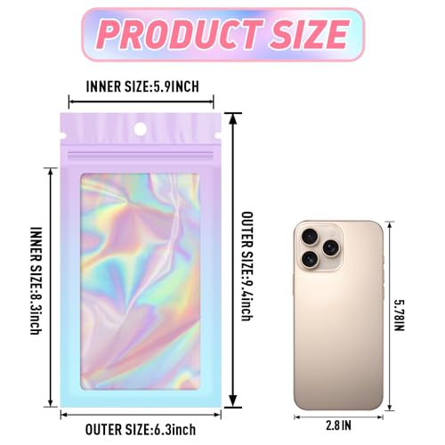 Funfery 100 Pack Gradient Holographic Bags,Mylar Resealable Bags with Zipper,Clear Window Packaging Pouchs,Foil Smell Proof Bag for Food Storage,Sample Jewelry Bag(6.3x9.4In,Purple Blue) - color: Purple Blue, size: 6.3x9.4 Inch