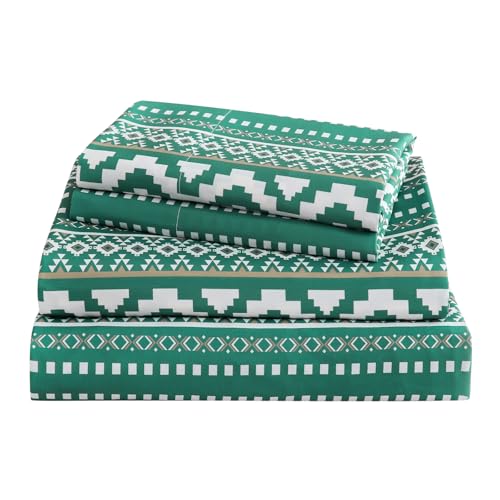CozySmile 4 Pieces Queen Sheet Set Bohemian, Boho Sheets Soft Microfiber Deep Pocket, Western Sheets Geometric(Queen, Emerald Green) - color: B-emerald Green, size: Queen