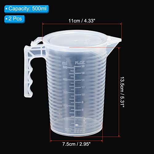 PATIKIL Graduated Beaker, 2 Pack 500ml PP Plastic Liquid Measuring Cup Double Sided Black Graduations with Handle Lid and Spout for Lab Kitchen Home - size: 500ml