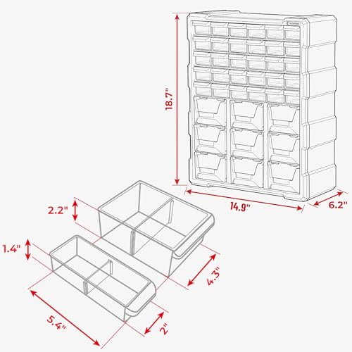 INTERTOOL Small Parts Organizer for Hardware & Screws | 39 Removable Bins with Dividers | Wall Mount or Desktop Craft & Lego Storage Cabinet | 19” x 15” x 6” BX08-4015 - style: 39 Drawers and Bins